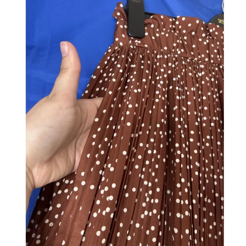 Womens Mocha Brown Pleated Midi Skirt XL Polka Dot Retro Classic Flowy High-Rise